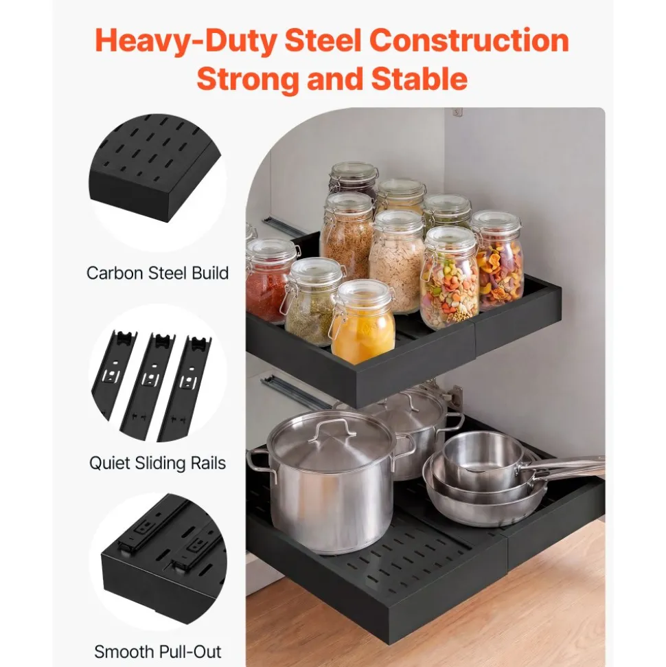 VEVOR Pull Out Cabinet Organizer, 4 Pack Expandable Width (12.2"-18.9"), 20.47" Deep Pull Out Drawers for Cabinets, Sliding Drawer for Kitchen Pantry Cabinet Organizer with Nano Adhesive Strips, Black