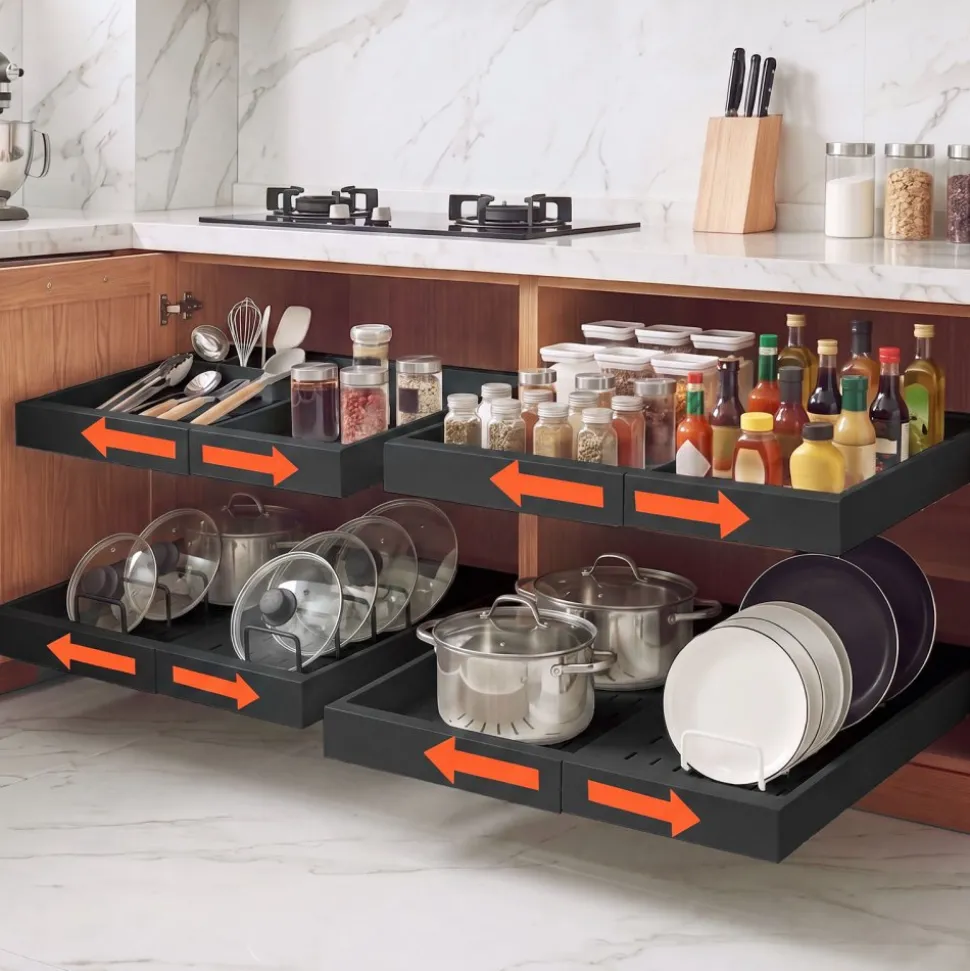 VEVOR Pull Out Cabinet Organizer, 4 Pack Expandable Width (12.2"-18.9"), 20.47" Deep Pull Out Drawers for Cabinets, Sliding Drawer for Kitchen Pantry Cabinet Organizer with Nano Adhesive Strips, Black