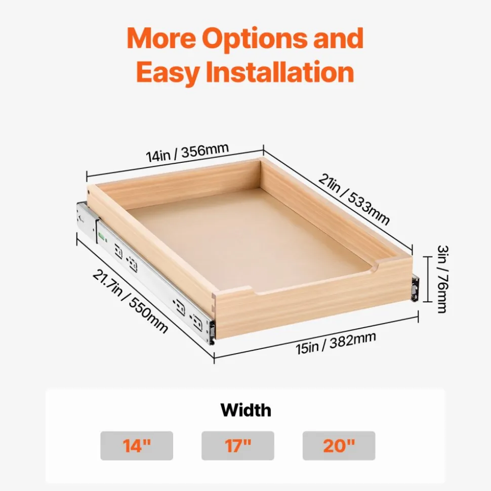 VEVOR Pull Out Cabinet Organizer, 14"W x 21"D Cabinet Drawer, Soft Close Slide out Shelf, Heavy-Duty Sliding Wood Drawer, Bottom and Side Assembly Base Cabinet Organization for Kitchen Pantry Bathroom