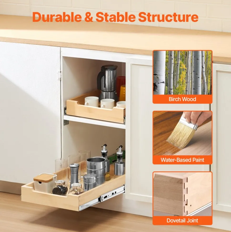 VEVOR Pull Out Cabinet Organizer, 14"W x 21"D Cabinet Drawer, Soft Close Slide out Shelf, Heavy-Duty Sliding Wood Drawer, Bottom and Side Assembly Base Cabinet Organization for Kitchen Pantry Bathroom