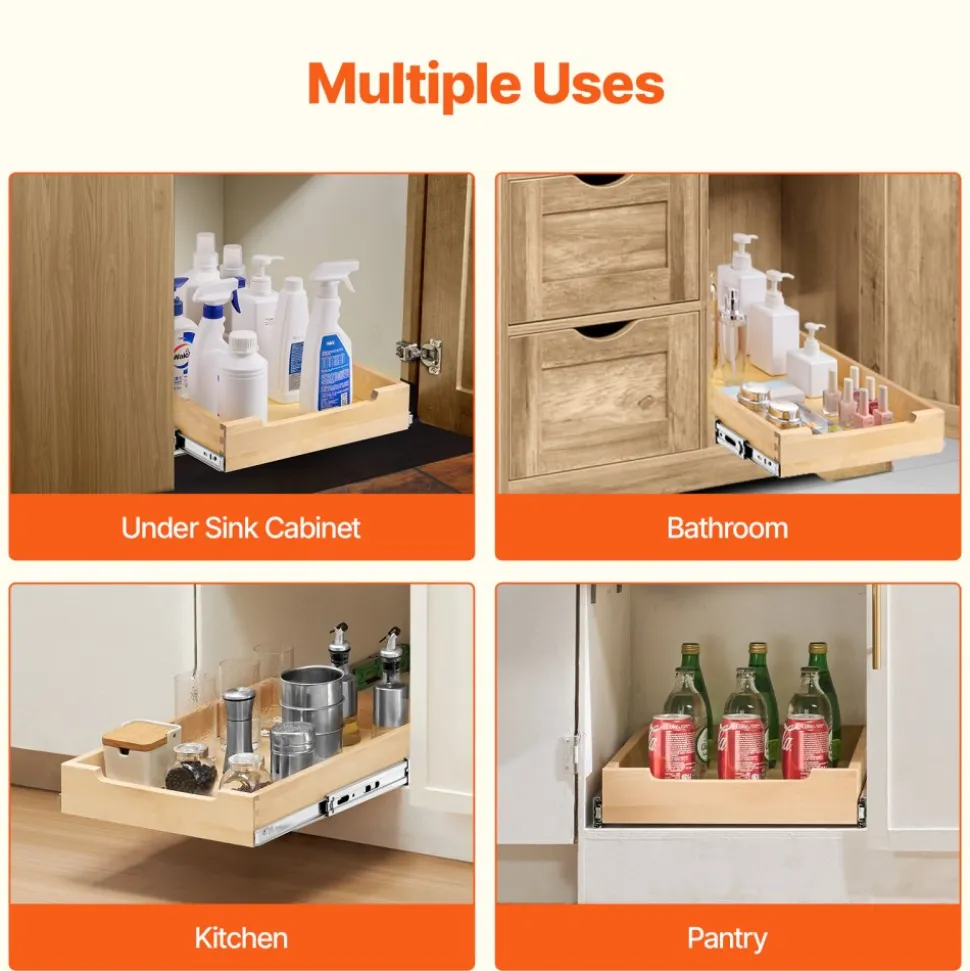VEVOR Pull Out Cabinet Organizer, 14"W x 21"D Cabinet Drawer, Soft Close Slide out Shelf, Heavy-Duty Sliding Wood Drawer, Bottom and Side Assembly Base Cabinet Organization for Kitchen Pantry Bathroom