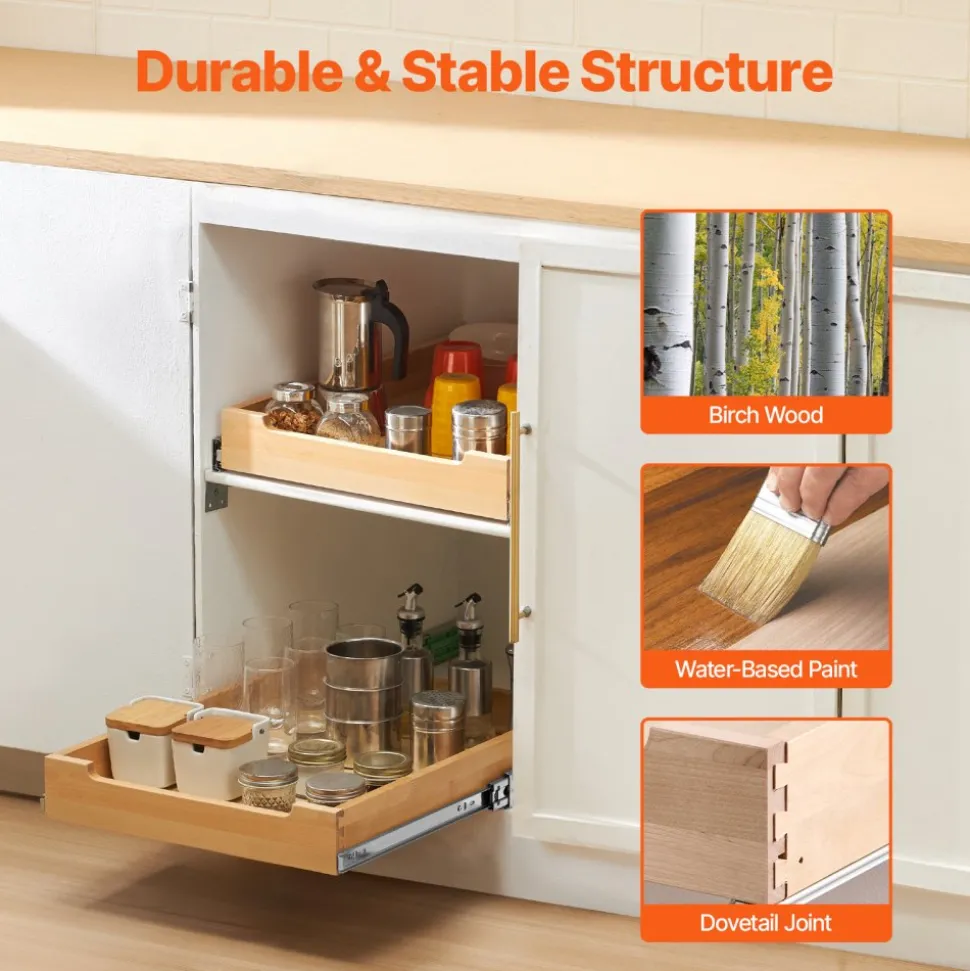 VEVOR Pull Out Cabinet Organizer, 17"W x 21"D Cabinet Drawer, Soft Close Slide out Shelf, Heavy-Duty Sliding Wood Drawer, Bottom and Side Assembly Base Cabinet Organization for Kitchen Pantry Bathroom