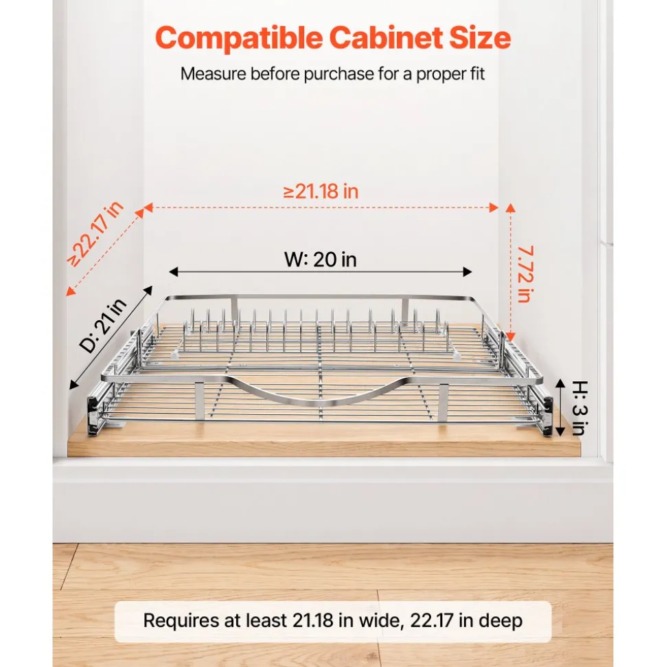 VEVOR Pull Out Cabinet Organizer 19.69"W x 21.06"D Steel Slide Out Drawers, for Kitchen Bathroom Pantry Home Organization, Chrome-Plated Finish, Heavy Duty Storage Sliding Shelves for Base Cabinets
