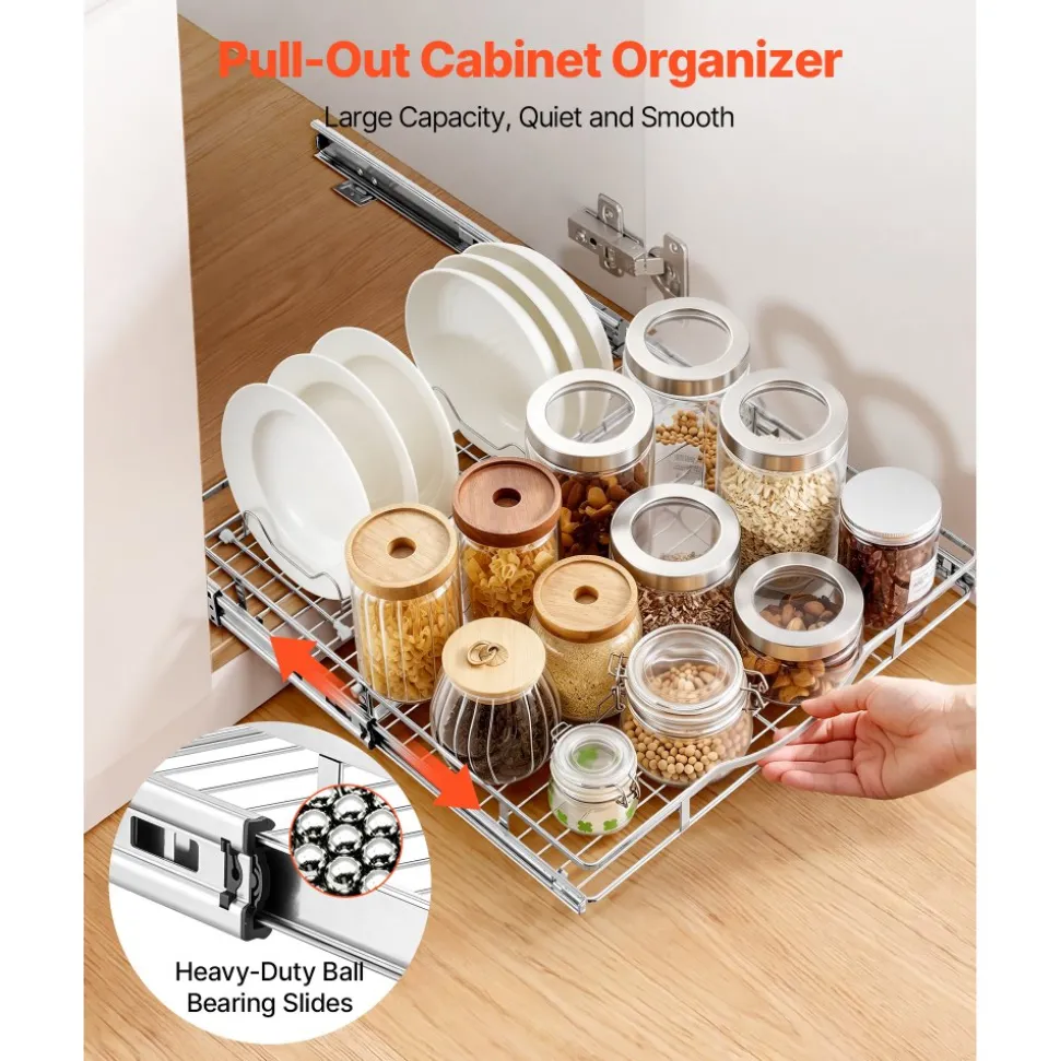 VEVOR Pull Out Cabinet Organizer 19.69"W x 21.06"D Steel Slide Out Drawers, for Kitchen Bathroom Pantry Home Organization, Chrome-Plated Finish, Heavy Duty Storage Sliding Shelves for Base Cabinets