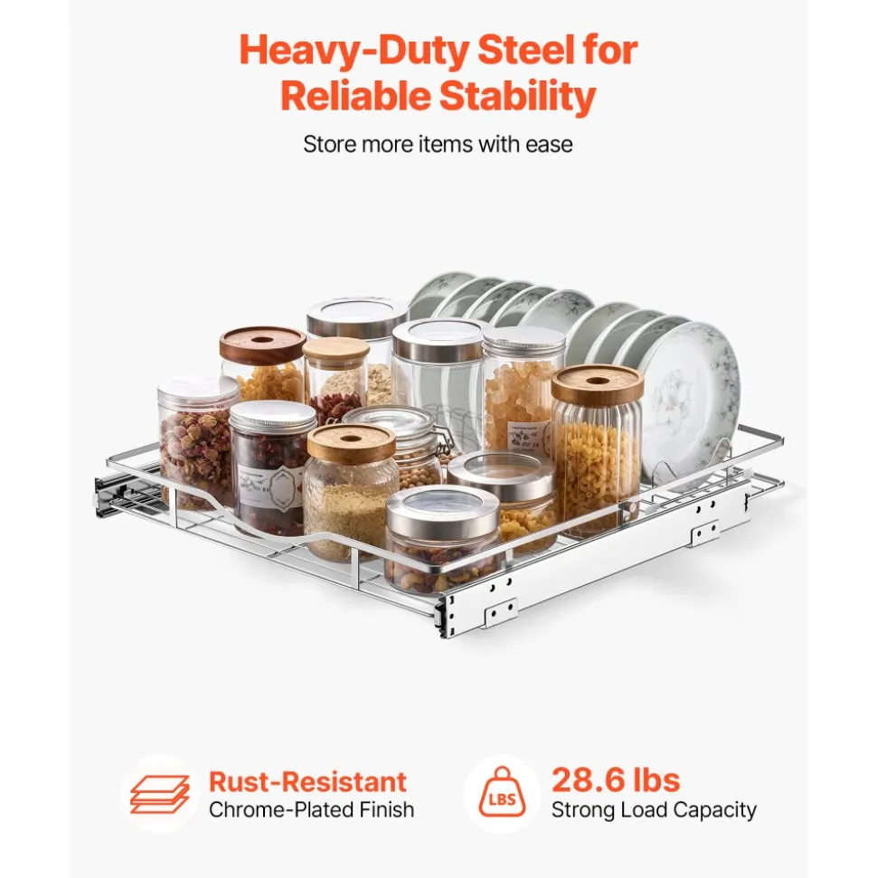 VEVOR Pull Out Cabinet Organizer 19.69"W x 21.06"D Steel Slide Out Drawers, for Kitchen Bathroom Pantry Home Organization, Chrome-Plated Finish, Heavy Duty Storage Sliding Shelves for Base Cabinets