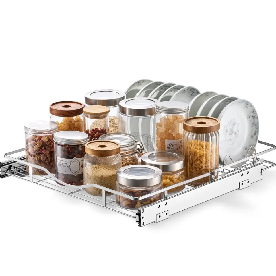VEVOR Pull Out Cabinet Organizer 19.69"W x 21.06"D Steel Slide Out Drawers, for Kitchen Bathroom Pantry Home Organization, Chrome-Plated Finish, Heavy Duty Storage Sliding Shelves for Base Cabinets