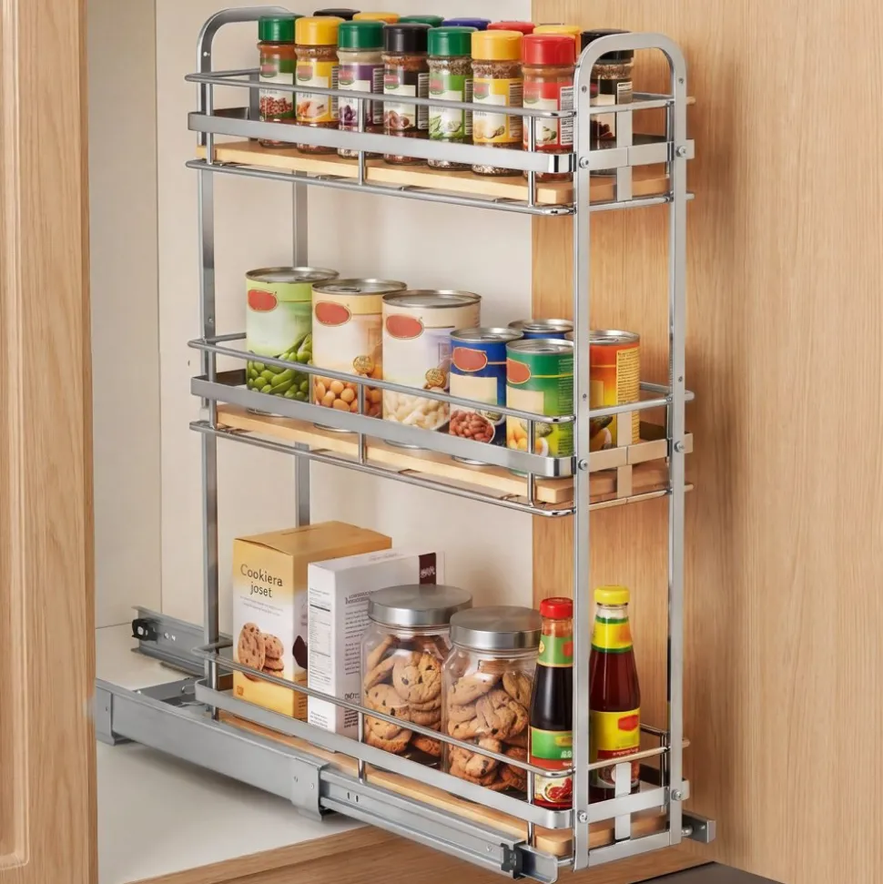 VEVOR Pull Out Spice Rack Organizer for Cabinet, 3 Tier Slide Out Spice Rack Organizer, Height Adjustable Heavy Duty Metal Seasoning Kitchen Basket for Cabinets, 5.75"W x 20.98"D x 21.34"H, Silver