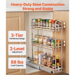 VEVOR Pull Out Spice Rack Organizer for Cabinet, 3 Tier Slide Out Spice Rack Organizer, Height Adjustable Heavy Duty Metal Seasoning Kitchen Basket for Cabinets, 5.75