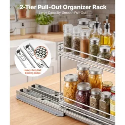 VEVOR Pull Out Spice Rack Organizer for Cabinet, 2 Tier Slide Out Spice Rack Organizer, Heavy Duty Metal Seasoning Kitchen Basket for Inside Cabinets & Pantry Closet, 4.33