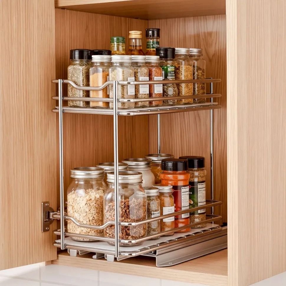 VEVOR Pull Out Spice Rack Organizer for Cabinet, 2 Tier Slide Out Spice Rack Organizer, Heavy Duty Metal Seasoning Kitchen Basket for Inside Cabinets & Pantry Closet, 4.33"W x 8.46"D x 10.43"H, Silver