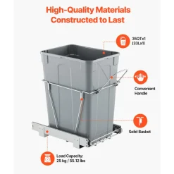 VEVOR Pullout Trash Can for Kitchen Cabinets, 35 QT Garbage Waste Recycling Bin, Under Mount Waste Container, with Heavy Duty Metal Full Extension Sliding System and Handle, for Sink, Under Counter