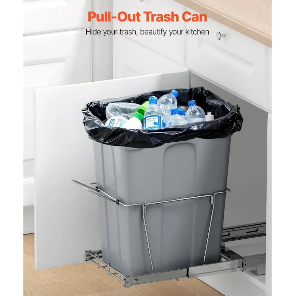 VEVOR Pullout Trash Can for Kitchen Cabinets, 35 QT Garbage Waste Recycling Bin, Under Mount Waste Container, with Heavy Duty Metal Full Extension Sliding System and Handle, for Sink, Under Counter