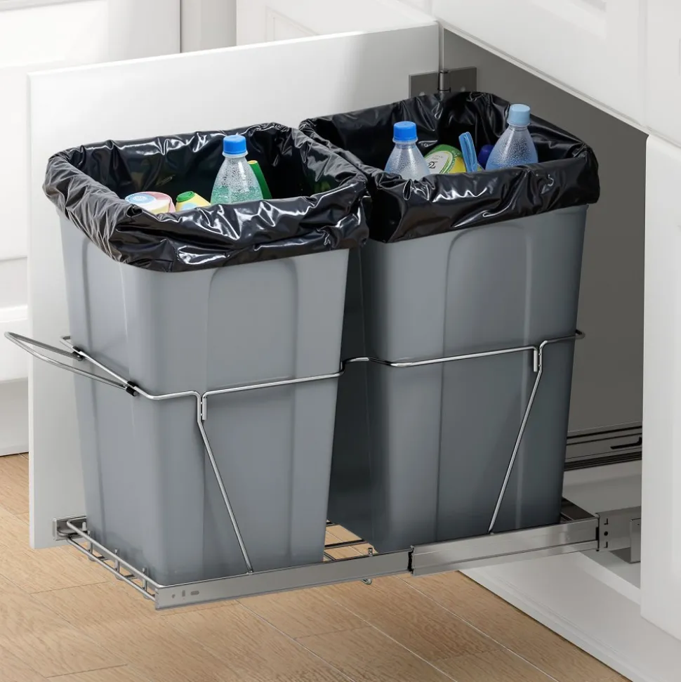VEVOR Pullout Trash Can for Kitchen Cabinets, 27QTx2 Double Under Sink Garbage Waste Recycling Bin, Under Mount Waste Container, with Heavy Duty Metal Full Extension Sliding System and Handle