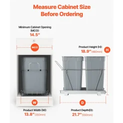 VEVOR Pullout Trash Can for Kitchen Cabinets, 35 QT x2 Double Under Sink Garbage Waste Recycling Bin, Under Mount Waste Container, with Heavy Duty Metal Full Extension Sliding System and Handle