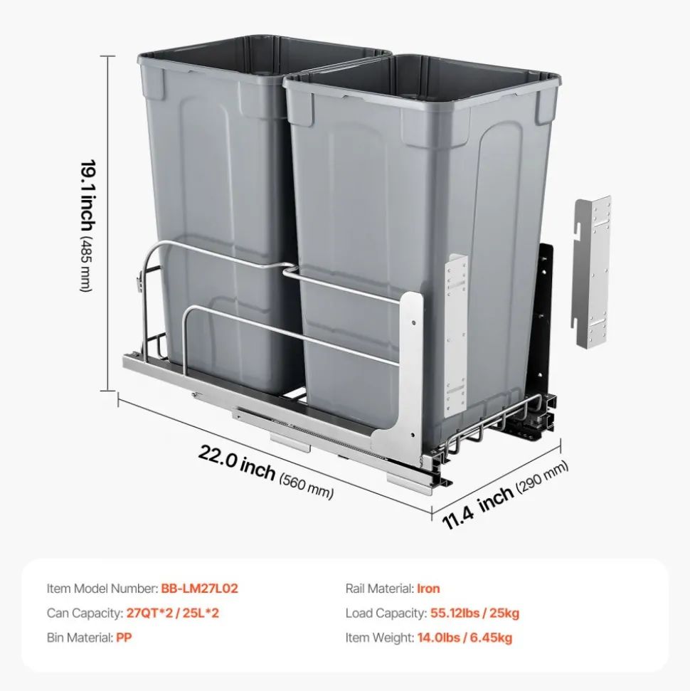 VEVOR Pull-Out Trash Can, 27 QT x2 Double Under Mount Kitchen Waste Container, Heavy Duty Garbage Recycling Bin with Door Kit and Soft Close Slide, for Kitchen Cabinet, Sink, Under Counter (Grey)
