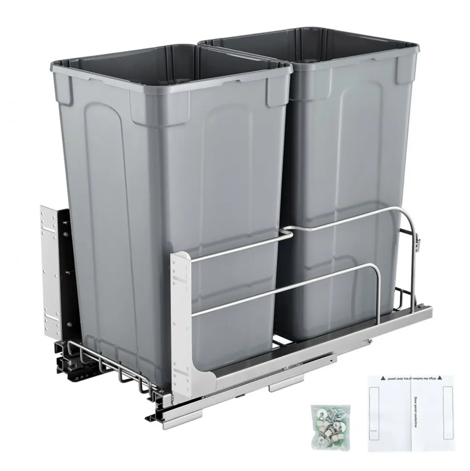 VEVOR Pull-Out Trash Can, 27 QT x2 Double Under Mount Kitchen Waste Container, Heavy Duty Garbage Recycling Bin with Door Kit and Soft Close Slide, for Kitchen Cabinet, Sink, Under Counter (Grey)