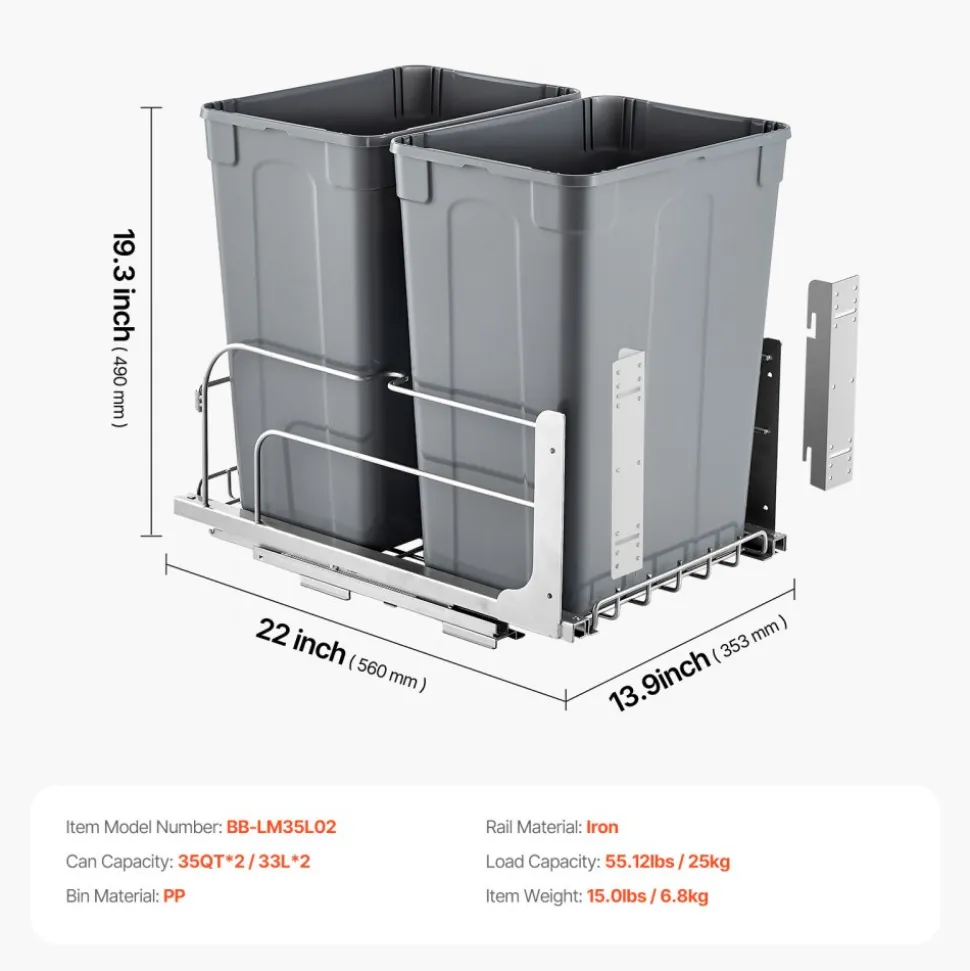 VEVOR Pull-Out Trash Can, 50 QT x2 Double Under Mount Kitchen Waste Container, Heavy Duty Garbage Recycling Bin with Door Kit and Soft Close Slide, for Kitchen Cabinet, Sink, Under Counter (Grey)