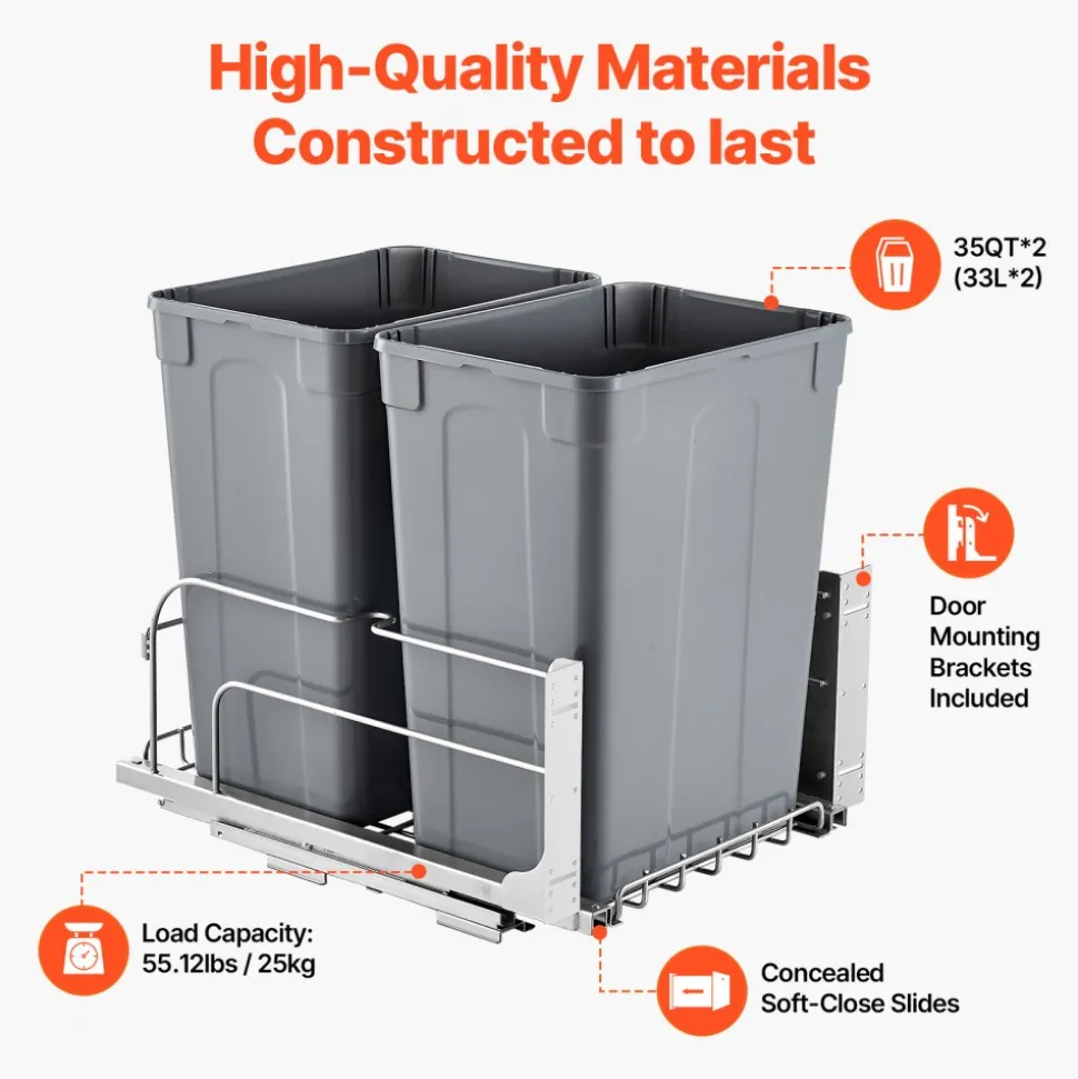 VEVOR Pull-Out Trash Can, 50 QT x2 Double Under Mount Kitchen Waste Container, Heavy Duty Garbage Recycling Bin with Door Kit and Soft Close Slide, for Kitchen Cabinet, Sink, Under Counter (Grey)