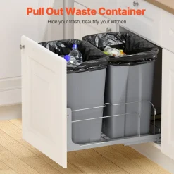 VEVOR Pull-Out Trash Can, 50 QT x2 Double Under Mount Kitchen Waste Container, Heavy Duty Garbage Recycling Bin with Door Kit and Soft Close Slide, for Kitchen Cabinet, Sink, Under Counter (Grey)