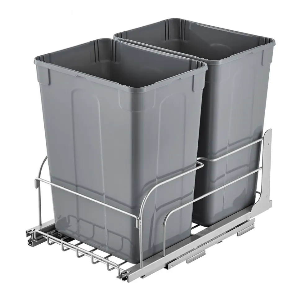 VEVOR Pull-Out Trash Can, 50 QT x2 Double Under Mount Kitchen Waste Container, Heavy Duty Garbage Recycling Bin with Door Kit and Soft Close Slide, for Kitchen Cabinet, Sink, Under Counter (Grey)