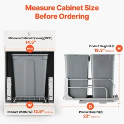VEVOR Pull-Out Trash Can, 50 QT x2 Double Under Mount Kitchen Waste Container, Heavy Duty Garbage Recycling Bin with Door Kit and Soft Close Slide, for Kitchen Cabinet, Sink, Under Counter (Grey)