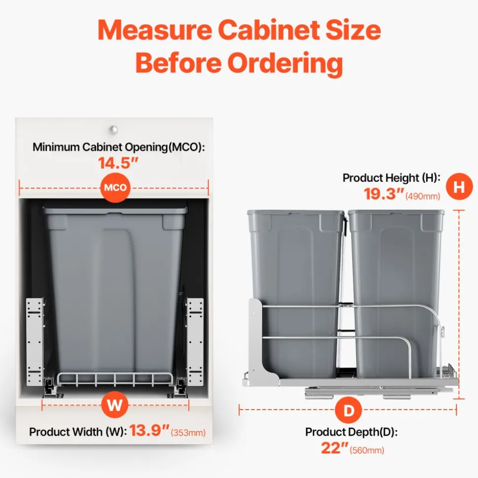 VEVOR Pull-Out Trash Can, 50 QT x2 Double Under Mount Kitchen Waste Container, Heavy Duty Garbage Recycling Bin with Door Kit and Soft Close Slide, for Kitchen Cabinet, Sink, Under Counter (Grey)