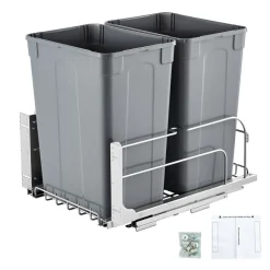 VEVOR Pull-Out Trash Can, 50 QT x2 Double Under Mount Kitchen Waste Container, Heavy Duty Garbage Recycling Bin with Door Kit and Soft Close Slide, for Kitchen Cabinet, Sink, Under Counter (Grey)