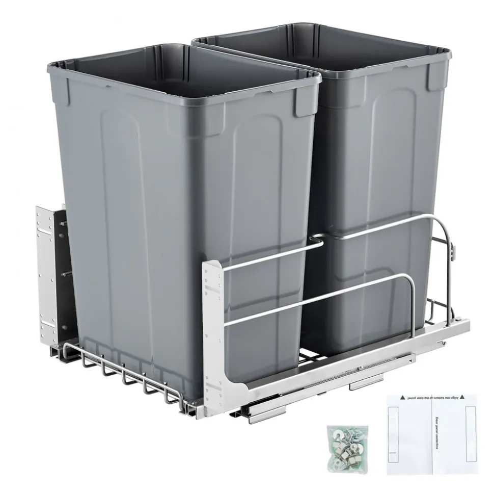 VEVOR Pull-Out Trash Can, 50 QT x2 Double Under Mount Kitchen Waste Container, Heavy Duty Garbage Recycling Bin with Door Kit and Soft Close Slide, for Kitchen Cabinet, Sink, Under Counter (Grey)