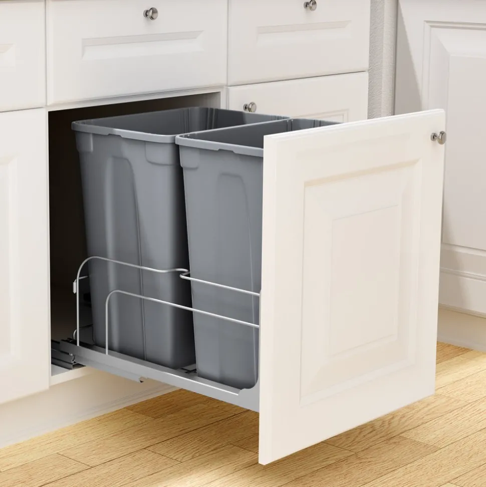 VEVOR Pull-Out Trash Can, 50 QT x2 Double Under Mount Kitchen Waste Container, Heavy Duty Garbage Recycling Bin with Door Kit and Soft Close Slide, for Kitchen Cabinet, Sink, Under Counter (Grey)