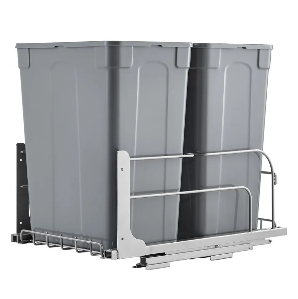 VEVOR Pull-Out Trash Can, 50 QT x2 Double Under Mount Kitchen Waste Container, Heavy Duty Garbage Recycling Bin with Door Kit and Soft Close Slide, for Kitchen Cabinet, Sink, Under Counter (Grey)