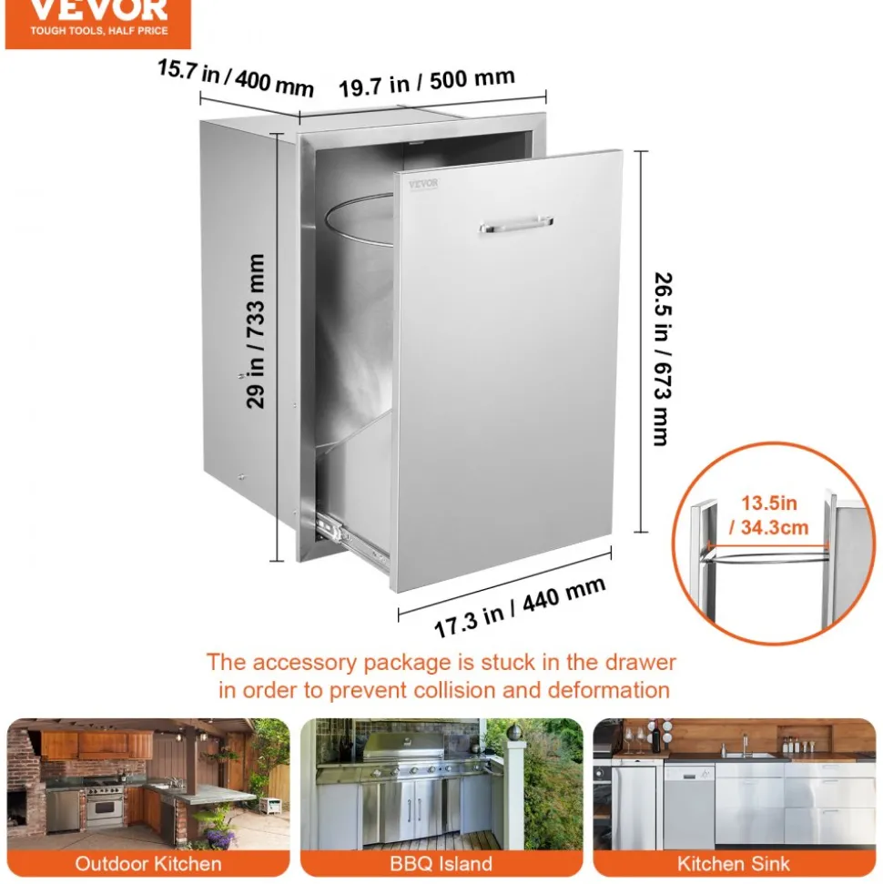 VEVOR Pull Out Trash Drawer 19.7W x 26.5H Inch Outdoor Kitchen Drawers Stainless Steel with Trash Bag Ring for BBQ Island or Grill Station