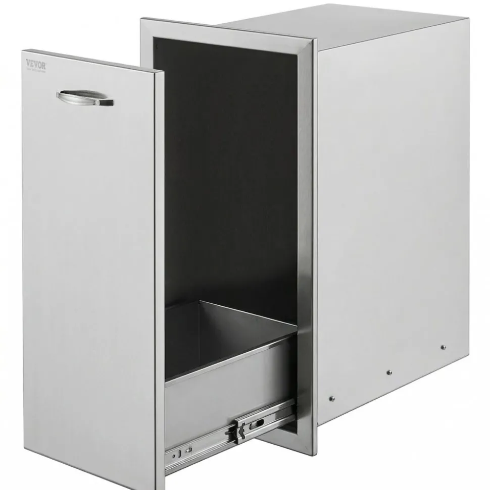 VEVOR Pull Out Trash Drawer 13.6Wx26Hx19.3D Inch Lower Sliding Rails Stainless Steel Roll Out Trash Bin Pull Out Tray Outdoor Kitchen Trash Drawer with Handle for BBQ Island Grill Station No Trash Can