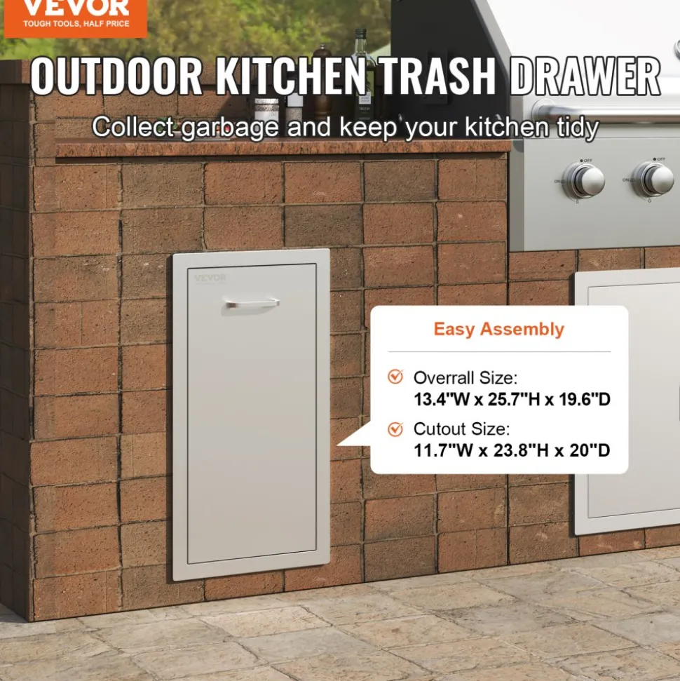 VEVOR Pull Out Trash Drawer 13.6Wx26Hx19.3D Inch Lower Sliding Rails Stainless Steel Roll Out Trash Bin Pull Out Tray Outdoor Kitchen Trash Drawer with Handle for BBQ Island Grill Station No Trash Can