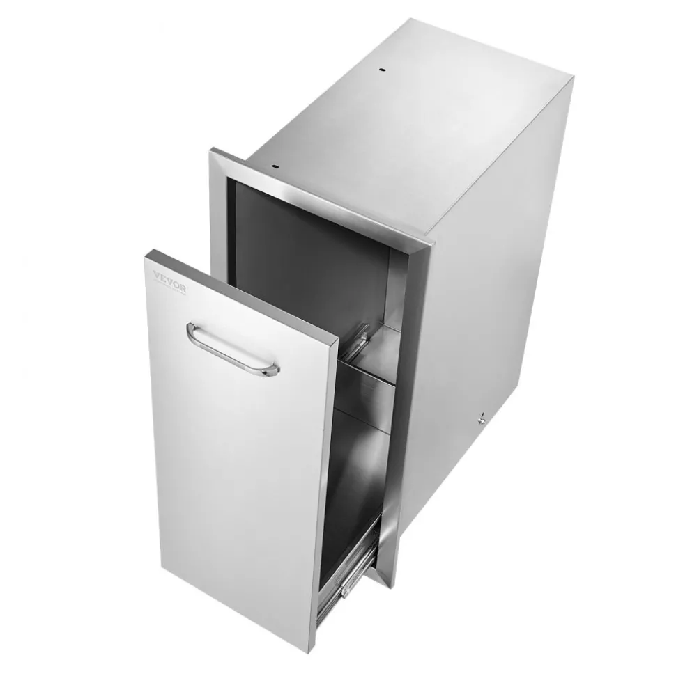 VEVOR Pull Out Trash Drawer 13.6Wx26Hx19.3D Inch Lower Sliding Rails Stainless Steel Roll Out Trash Bin Pull Out Tray Outdoor Kitchen Trash Drawer with Handle for BBQ Island Grill Station No Trash Can