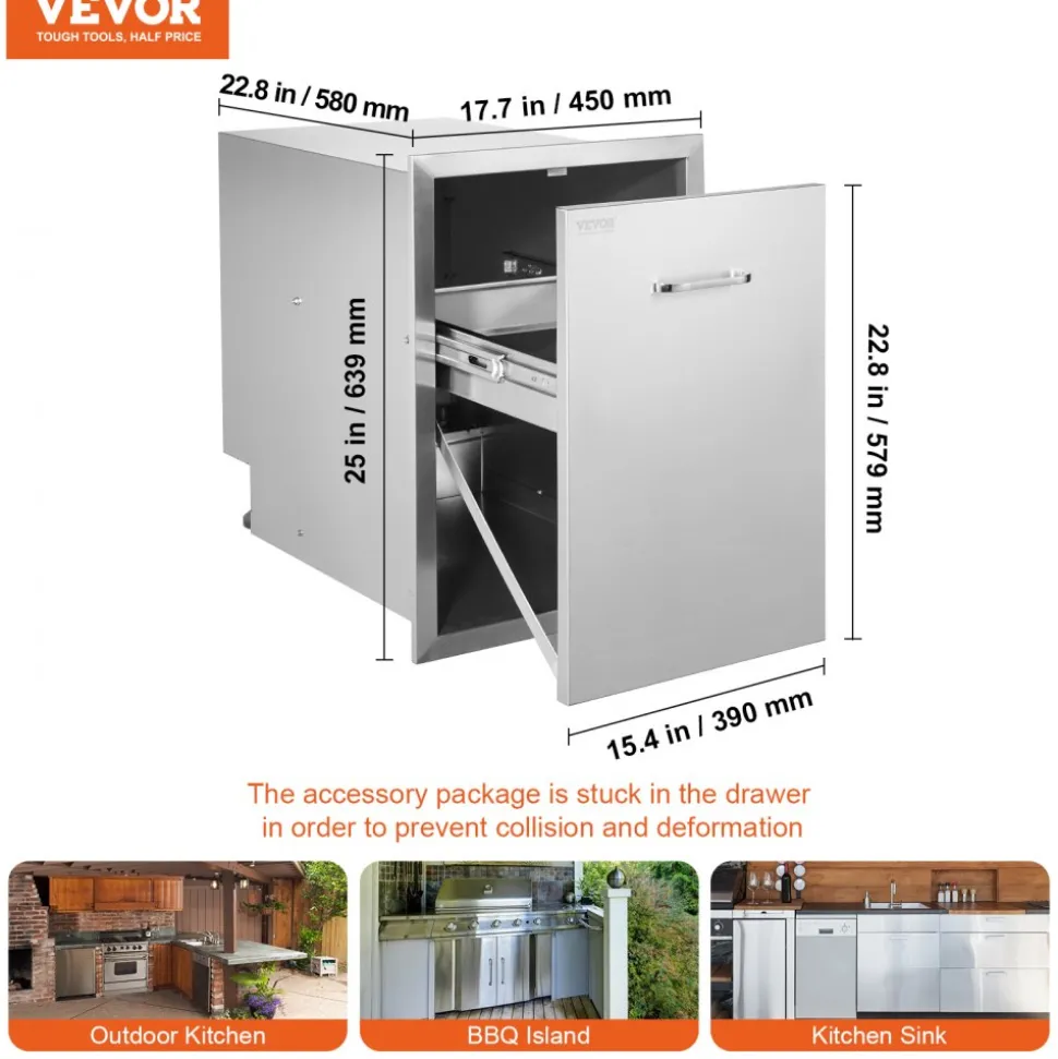 VEVOR Pull Out Trash Drawer 17.7x22.8 Inch Raised Style Trash Bin with Pull-Out Tray Stainless Steel Trash Drawer with Handle for Outdoor Kitchen BBQ Island, Trash Can Not Included