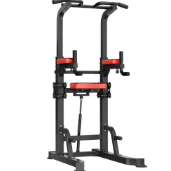 VEVOR Pull Up Bar, 330 LBS Power Tower Dip Station, Workout Dip Station with H-Shaped Stable Base & Assistance Platform, Adjustable 9 Level Height Pullup Stand for Back, 3-Level Adjustable Elbow Pads