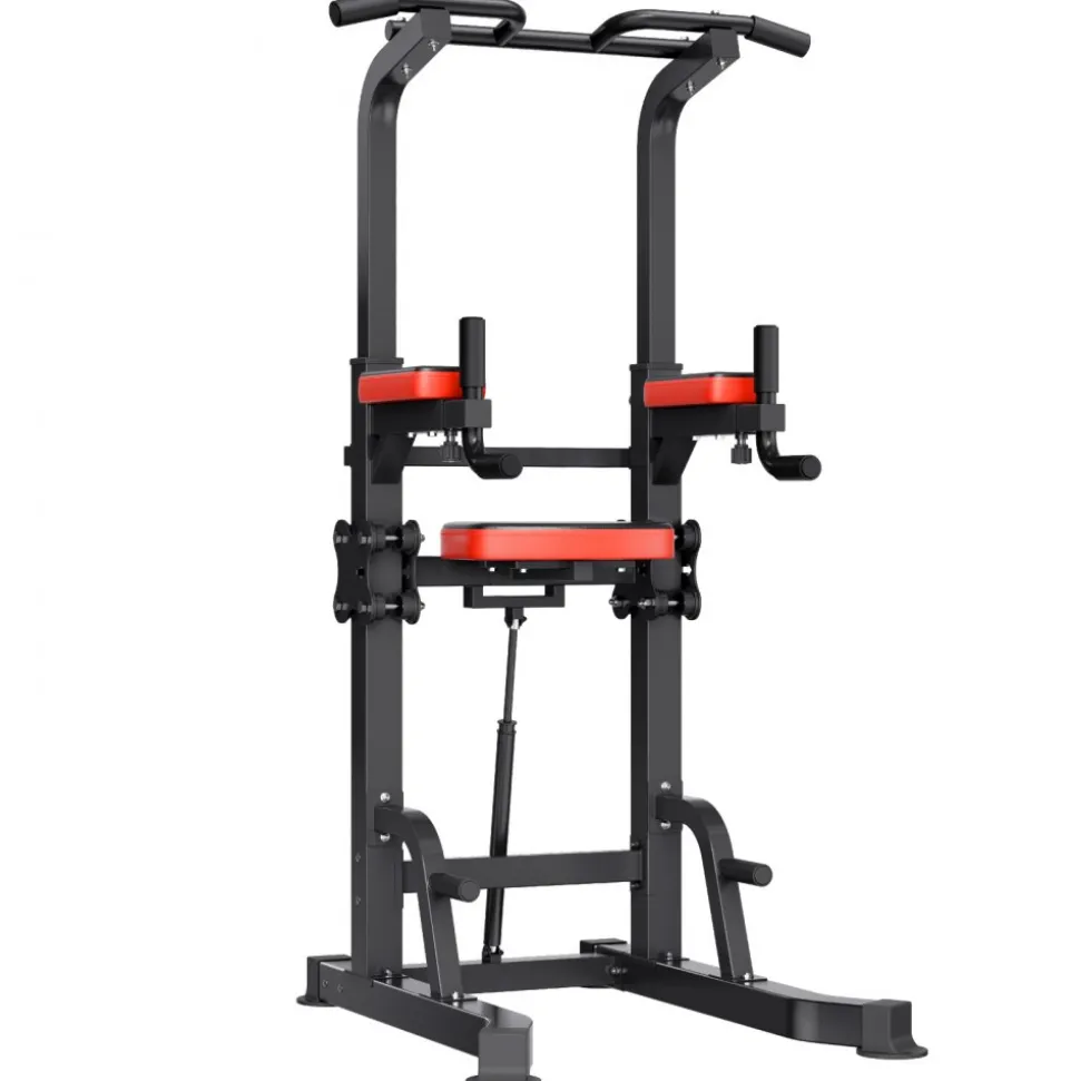 VEVOR Pull Up Bar, 330 LBS Power Tower Dip Station, Workout Dip Station with H-Shaped Stable Base & Assistance Platform, Adjustable 9 Level Height Pullup Stand for Back, 3-Level Adjustable Elbow Pads