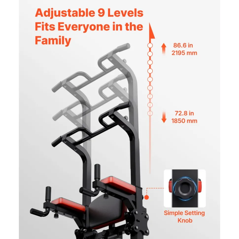 VEVOR Pull Up Bar, 330 LBS Power Tower Dip Station, Workout Dip Station with H-Shaped Stable Base & Assistance Platform, Adjustable 9 Level Height Pullup Stand for Back, 3-Level Adjustable Elbow Pads