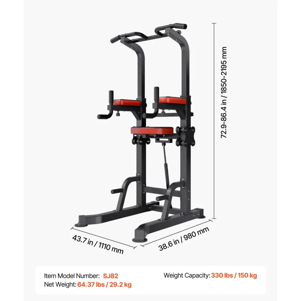 VEVOR Pull Up Bar, 330 LBS Power Tower Dip Station, Workout Dip Station with H-Shaped Stable Base & Assistance Platform, Adjustable 9 Level Height Pullup Stand for Back, 3-Level Adjustable Elbow Pads