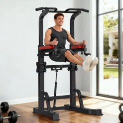 VEVOR Pull Up Bar, 330 LBS Power Tower Dip Station, Workout Dip Station with H-Shaped Stable Base & Assistance Platform, Adjustable 9 Level Height Pullup Stand for Back, 3-Level Adjustable Elbow Pads