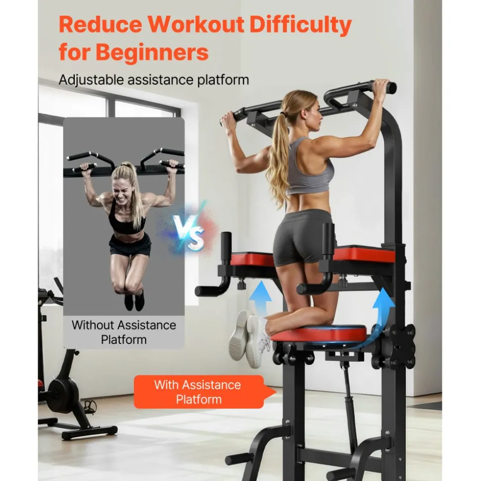 VEVOR Pull Up Bar, 330 LBS Power Tower Dip Station, Workout Dip Station with H-Shaped Stable Base & Assistance Platform, Adjustable 9 Level Height Pullup Stand for Back, 3-Level Adjustable Elbow Pads