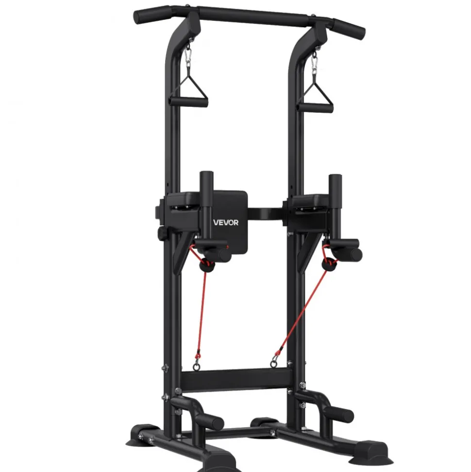 VEVOR Pull Up Bar, 330 LBS Power Tower Dip Station, Workout Dip Station with H-Shaped Stable Base & Back Pad, Adjustable 12 Level Height Free Standing Chin Up Bar for Back, 4-Level Adjustable Back Pad