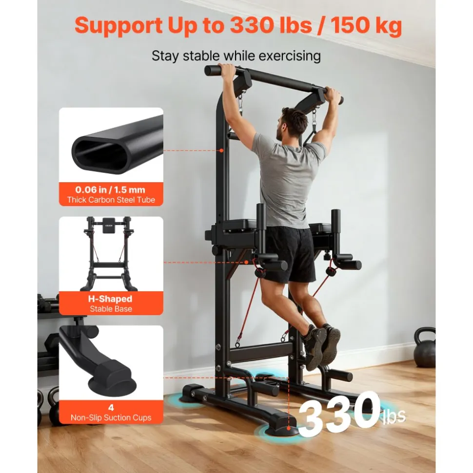 VEVOR Pull Up Bar, 330 LBS Power Tower Dip Station, Workout Dip Station with H-Shaped Stable Base & Back Pad, Adjustable 12 Level Height Free Standing Chin Up Bar for Back, 4-Level Adjustable Back Pad