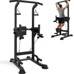 VEVOR Pull Up Bar, 330 LBS Power Tower Dip Station, Workout Dip Station with H-Shaped Stable Base & Back Pad, Adjustable 12 Level Height Free Standing Chin Up Bar for Back, 4-Level Adjustable Back Pad