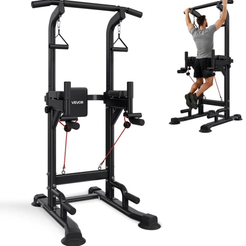 VEVOR Pull Up Bar, 330 LBS Power Tower Dip Station, Workout Dip Station with H-Shaped Stable Base & Back Pad, Adjustable 12 Level Height Free Standing Chin Up Bar for Back, 4-Level Adjustable Back Pad