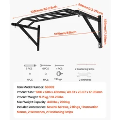 VEVOR Pull Up Bar, Multi-Grip Wall Mounted Pull Ups, 50 in Width Multifunctional Chin Up Training Station, Heavy Duty Steel Upper Body Workout Bars with Hangers, 440 lbs Weight Capacity, for Home Gym