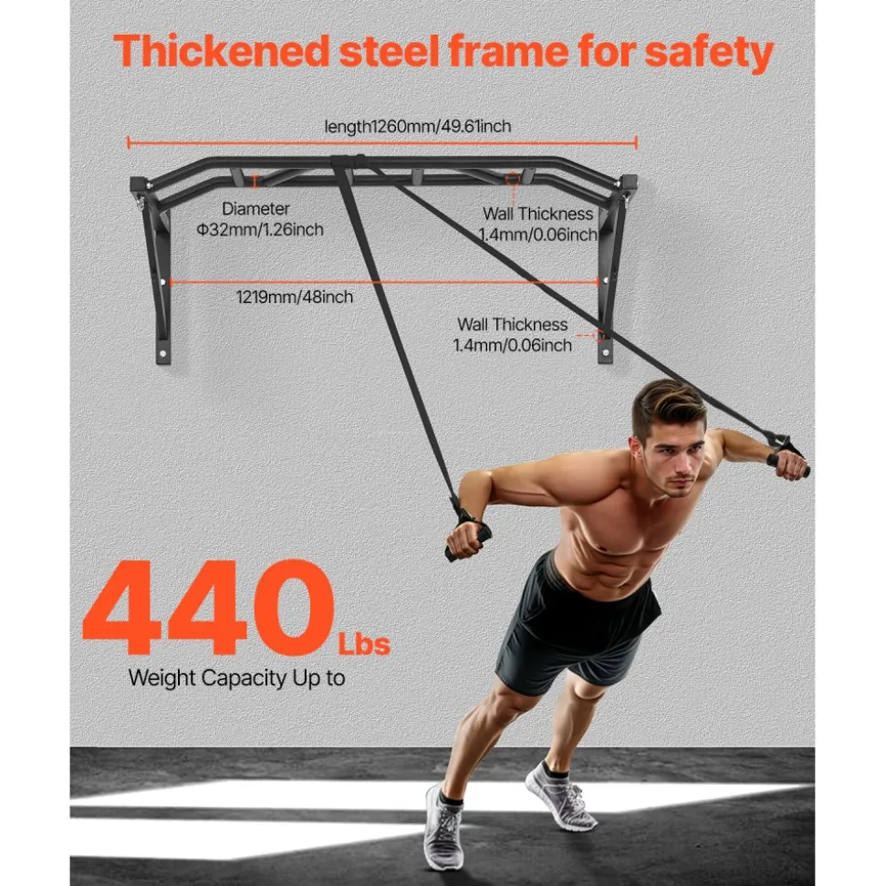 VEVOR Pull Up Bar, Multi-Grip Wall Mounted Pull Ups, 50 in Width Multifunctional Chin Up Training Station, Heavy Duty Steel Upper Body Workout Bars with Hangers, 440 lbs Weight Capacity, for Home Gym