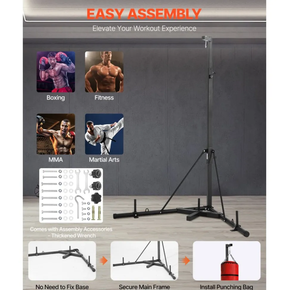 VEVOR Punching Bag Stand, Steel Heavy Duty Workout Training Equipment, Adjustable Height Boxing Punching Stand with Weighted Base, Holds Up to 140 lbs, Freestanding Sandbag Rack for Home Gym Fitness
