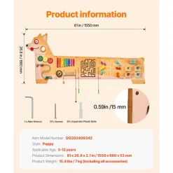 VEVOR Puppy Activity Wall Busy Board Panels, 12 Activities, Montessori Sensory Wall Toy for Kids 3-12 Years, Montessori Learning Activity Center, Ideal for Toddler Playroom Nursery Classroom