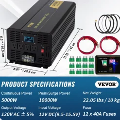 VEVOR Pure Sine Wave Inverter, 2500 Watt Power Inverter, DC 12V to AC 120V Car Inverter, with USB Port, LCD Display, and Remote Controller Power Converter, for RV Truck Car Solar System Travel Camping